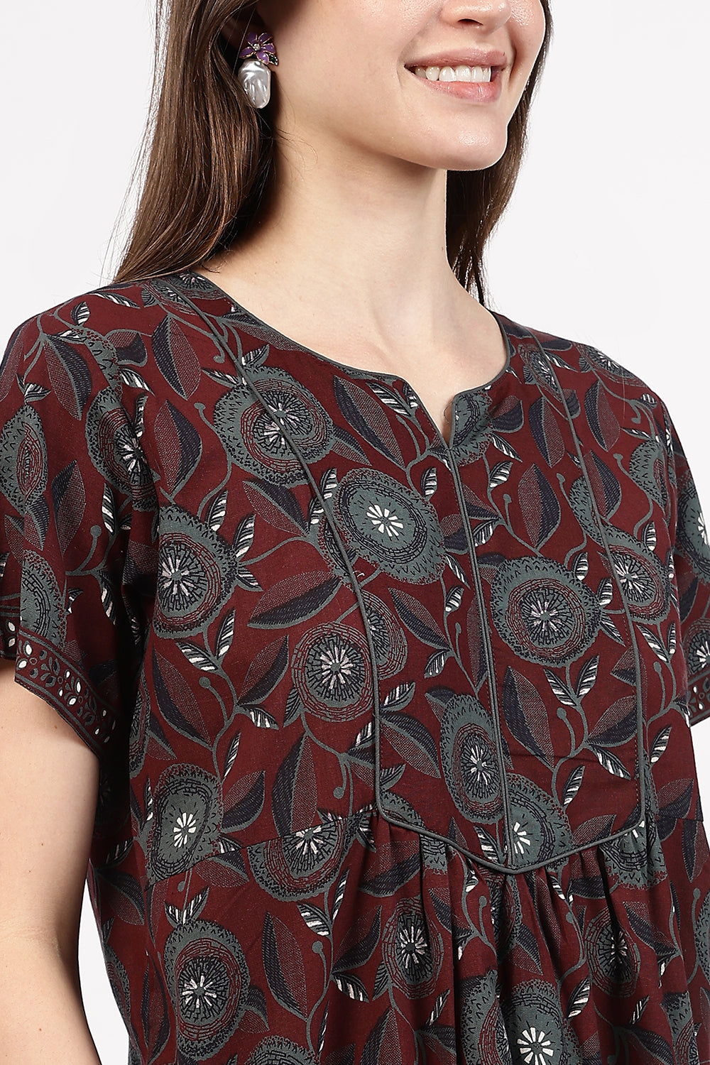 Naidu Hall Women’s Floral Printed Cotton Nighty with Front Yoke & Contrast Piping | Round Neck, Short Sleeves
- NA94