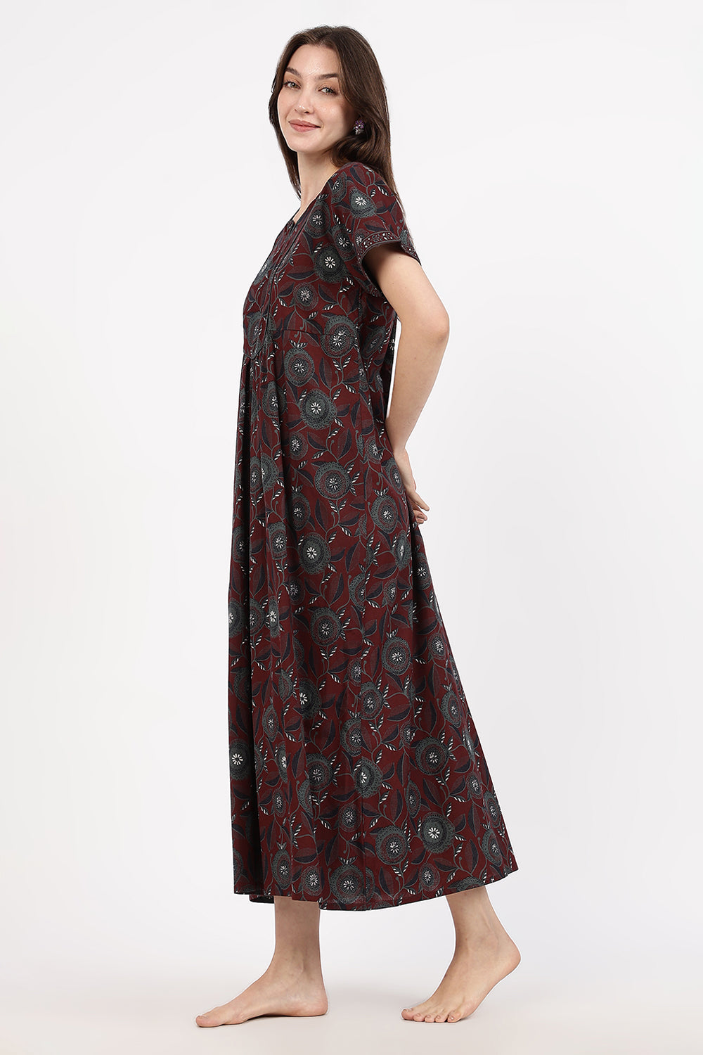 Naidu Hall Women’s Floral Printed Cotton Nighty with Front Yoke & Contrast Piping | Round Neck, Short Sleeves
- NA94