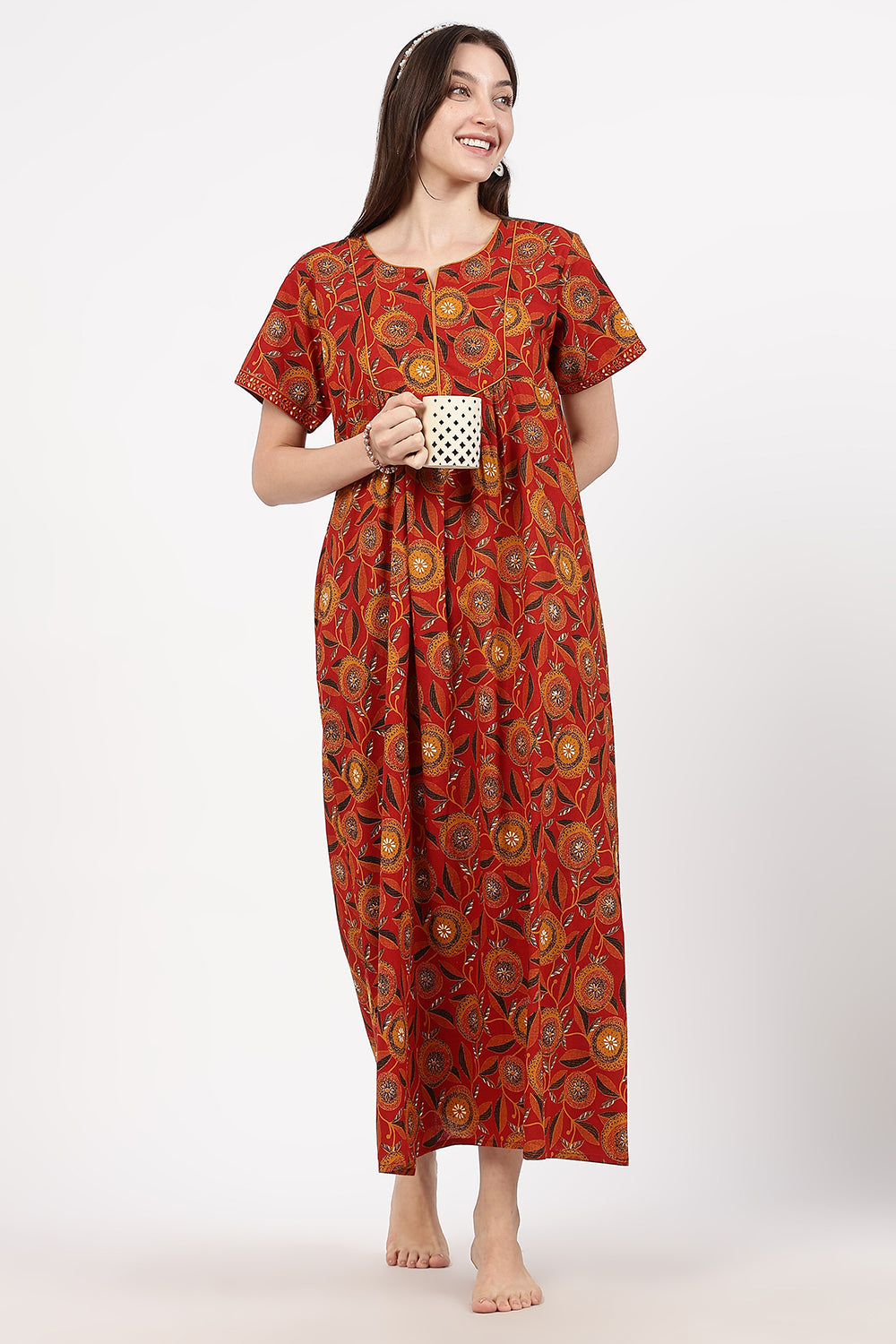 Naidu Hall Women’s Floral Printed Cotton Nighty with Front Yoke & Contrast Piping | Round Neck, Short Sleeves
- NA94