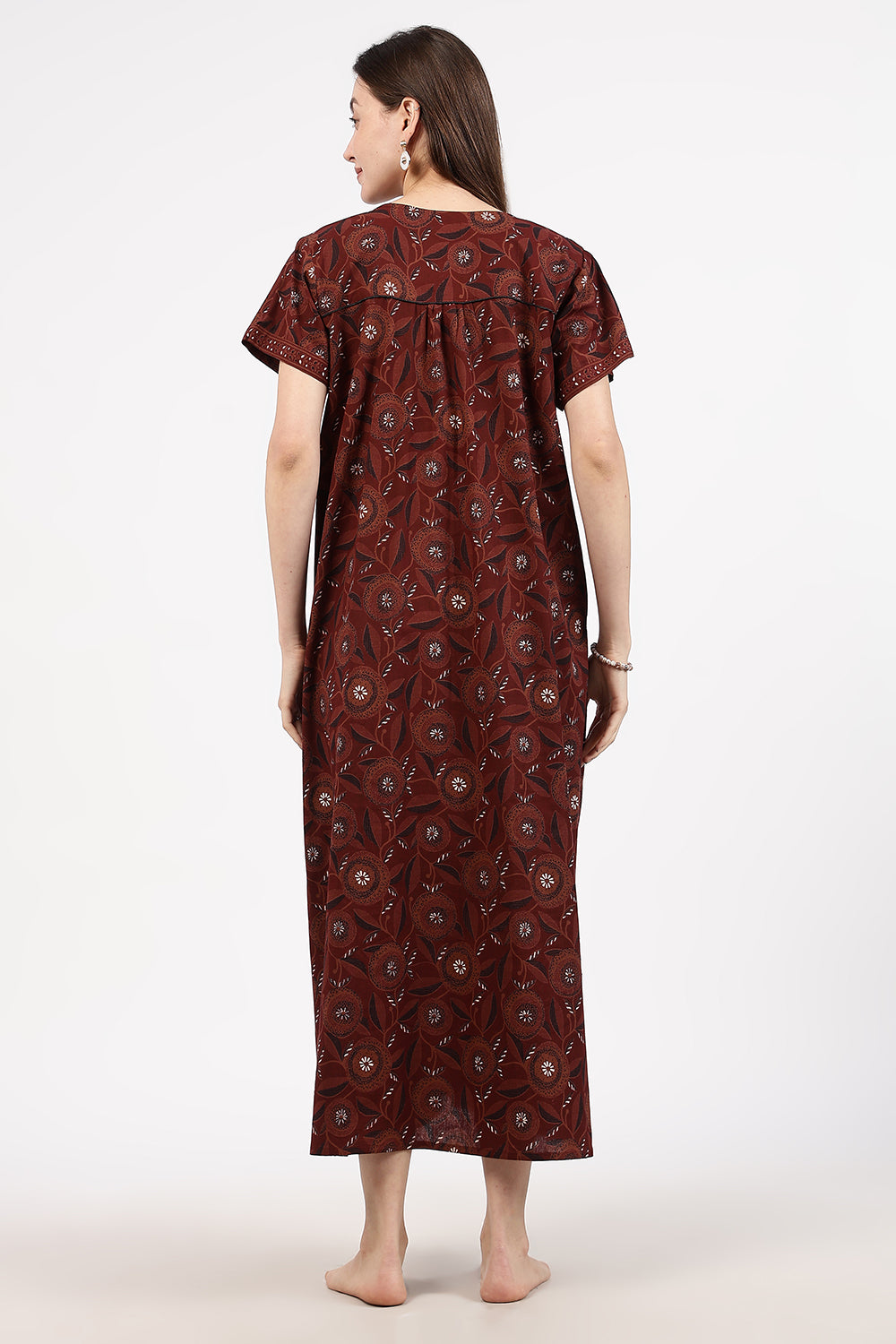 Naidu Hall Women’s Floral Printed Cotton Nighty with Front Yoke & Contrast Piping | Round Neck, Short Sleeves
- NA94