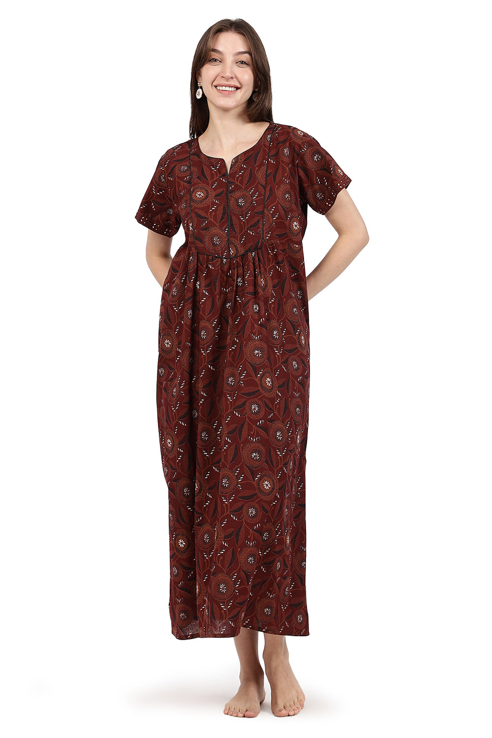 Naidu Hall Women’s Floral Printed Cotton Nighty with Front Yoke & Contrast Piping | Round Neck, Short Sleeves
- NA94