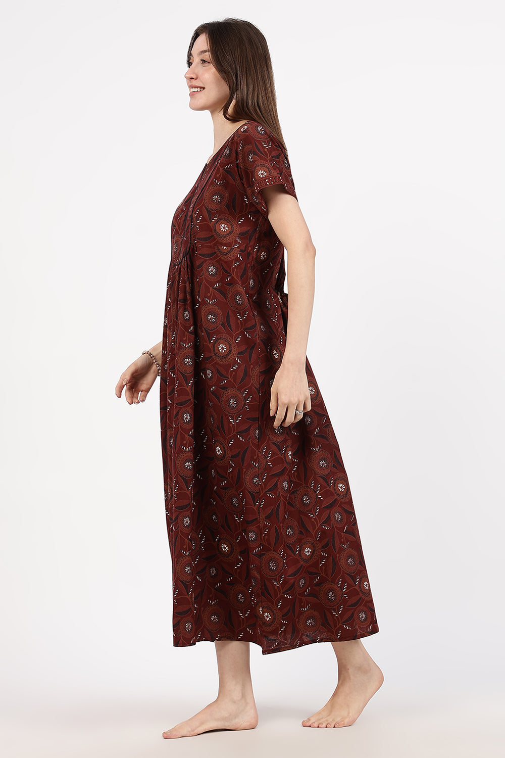 Naidu Hall Women’s Floral Printed Cotton Nighty with Front Yoke & Contrast Piping | Round Neck, Short Sleeves
- NA94