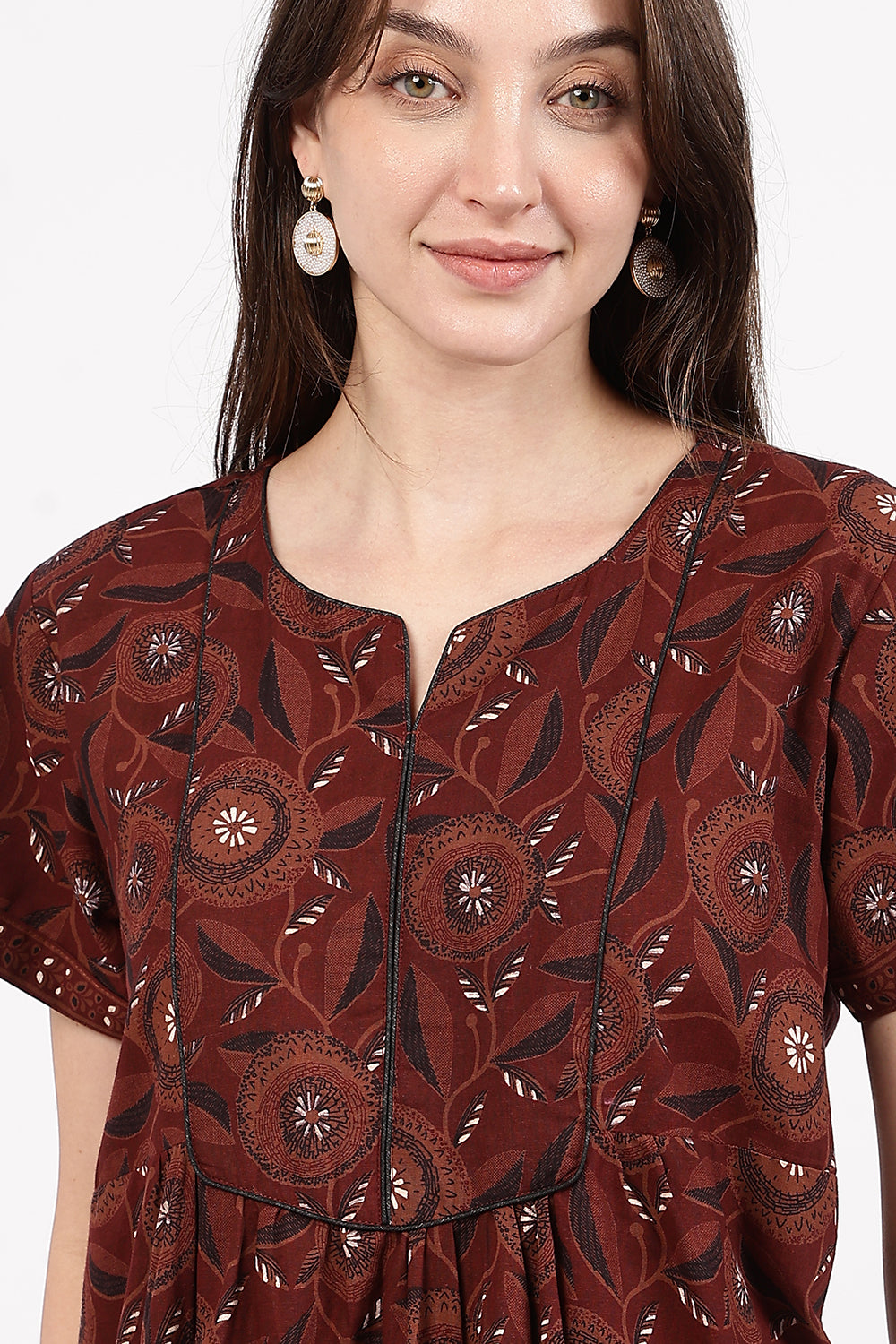 Naidu Hall Women’s Floral Printed Cotton Nighty with Front Yoke & Contrast Piping | Round Neck, Short Sleeves
- NA94