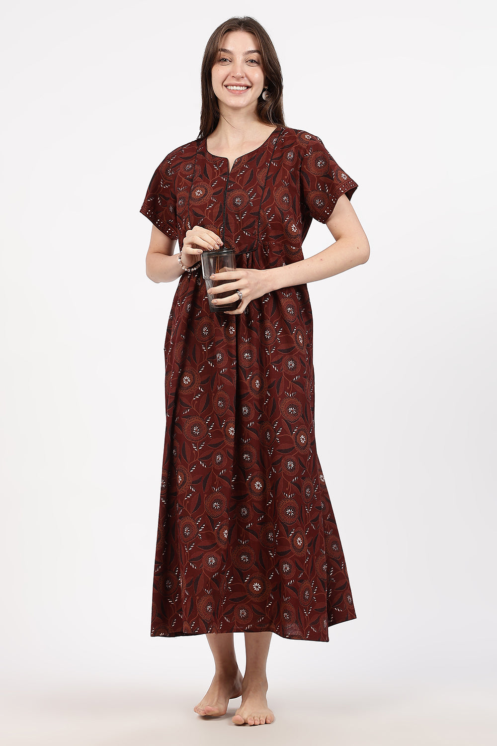 Naidu Hall Women’s Floral Printed Cotton Nighty with Front Yoke & Contrast Piping | Round Neck, Short Sleeves
- NA94