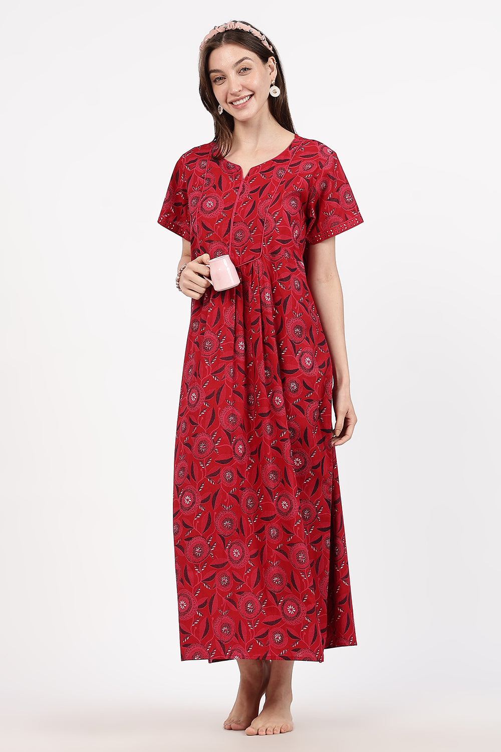 Naidu Hall Women’s Floral Printed Cotton Nighty with Front Yoke & Contrast Piping | Round Neck, Short Sleeves
- NA94