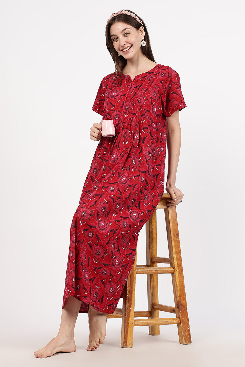 Naidu Hall Women’s Floral Printed Cotton Nighty with Front Yoke & Contrast Piping | Round Neck, Short Sleeves
- NA94