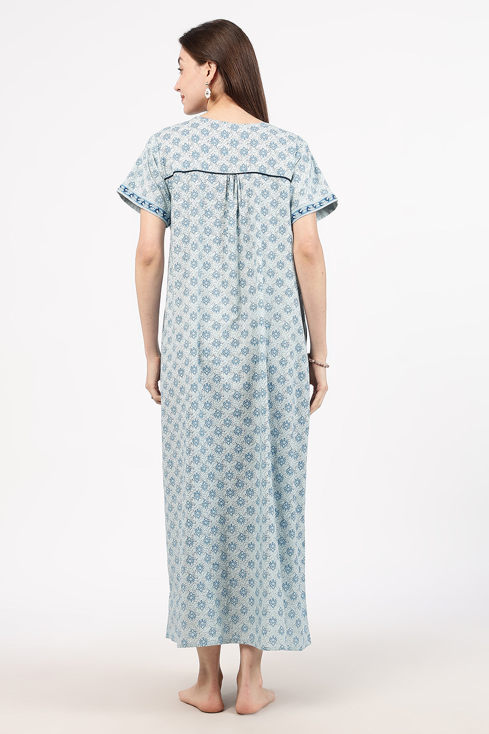 Naidu Hall Women’s Floral Printed Cotton Nighty with Front Yoke & Contrast Piping | Round Neck, Short Sleeves
- NB06