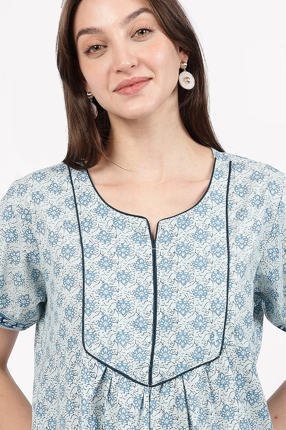 Naidu Hall Women’s Floral Printed Cotton Nighty with Front Yoke & Contrast Piping | Round Neck, Short Sleeves
- NB06