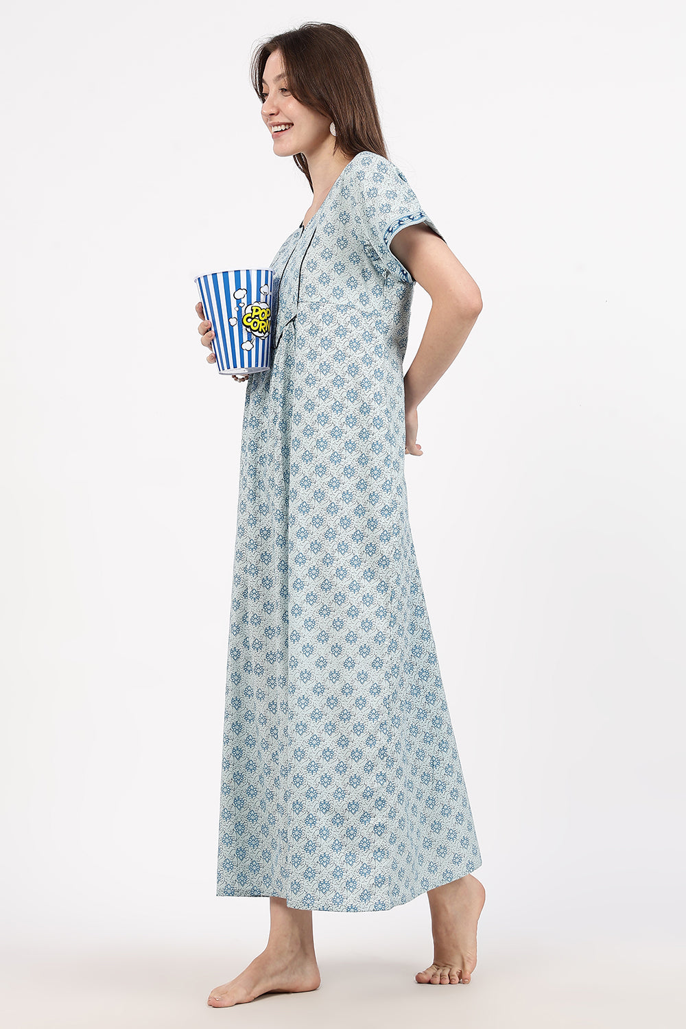 Naidu Hall Women’s Floral Printed Cotton Nighty with Front Yoke & Contrast Piping | Round Neck, Short Sleeves
- NB06