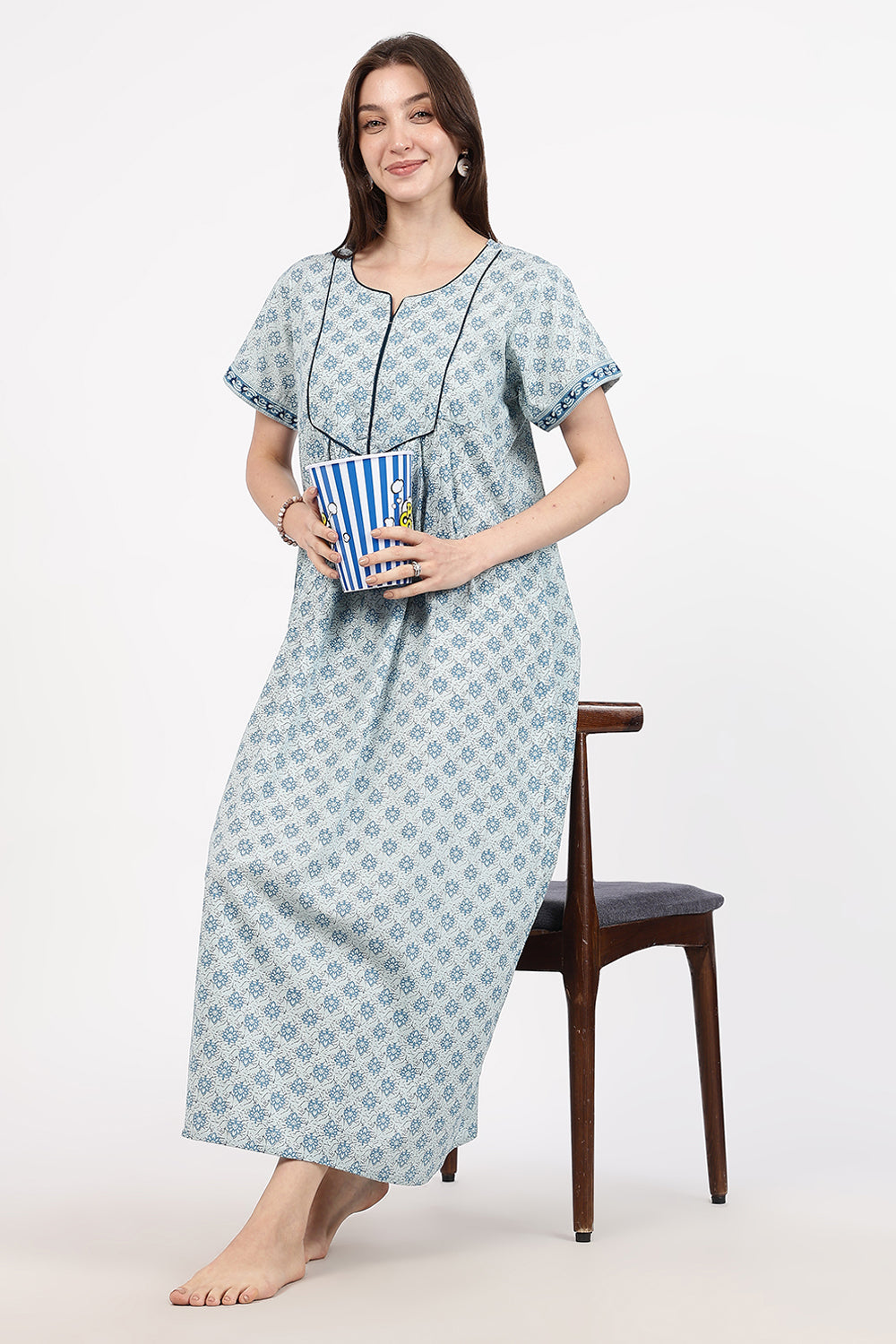 Naidu Hall Women’s Floral Printed Cotton Nighty with Front Yoke & Contrast Piping | Round Neck, Short Sleeves
- NB06