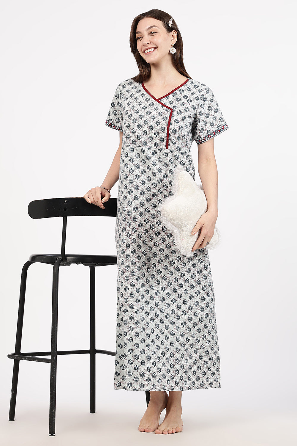 Naidu Hall Women’s A-Line Printed Cotton-Blend Nighty | Stylised V-Neck, Overlapped Panel, Short Sleeves
- NB04