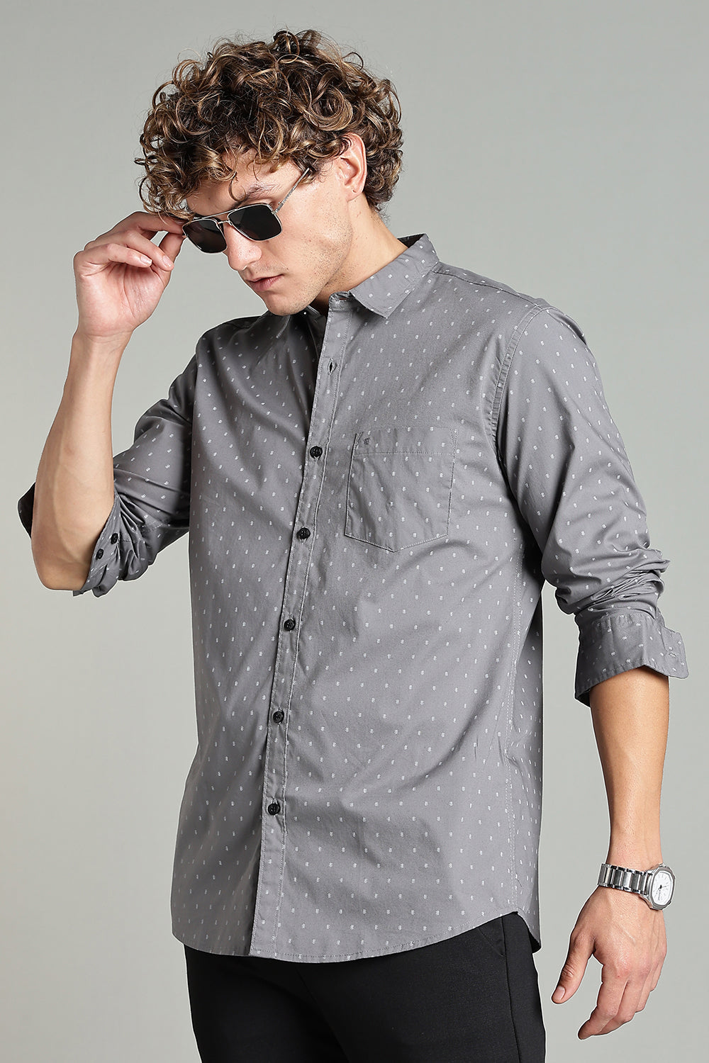 Enhance Men’s Printed Casual Shirt – Full Sleeves with Patch Pocket and Button Cuffs - Grey - SA04