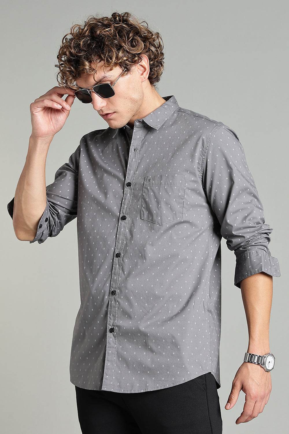 Enhance Men’s Printed Casual Shirt – Full Sleeves with Patch Pocket and Button Cuffs - Grey - SA04 - Naidu Hall Family Store