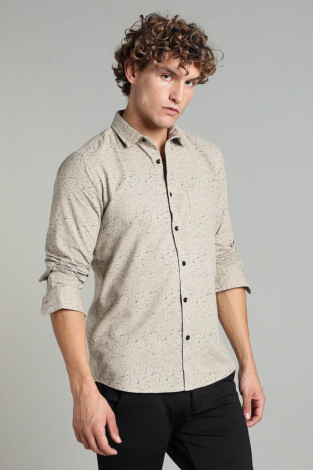 Enhance Men’s Printed Casual Shirt – Full Sleeves with Patch Pocket and Button Cuffs - Beige - SA05 - Naidu Hall Family Store