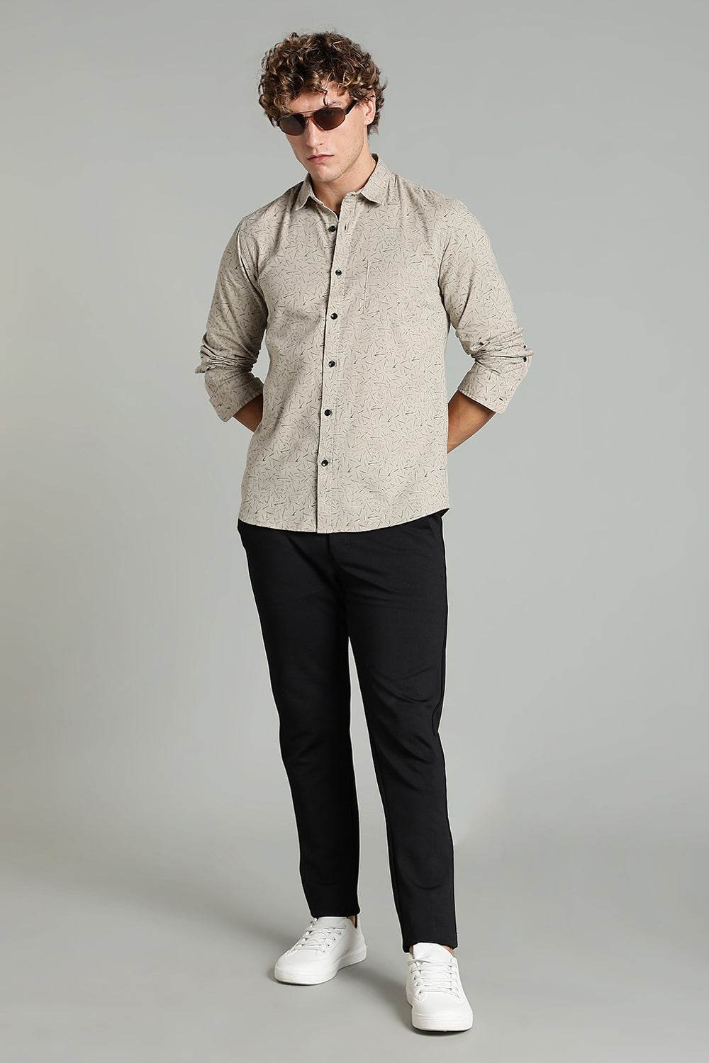 Enhance Men’s Printed Casual Shirt – Full Sleeves with Patch Pocket and Button Cuffs - Beige - SA05 - Naidu Hall Family Store