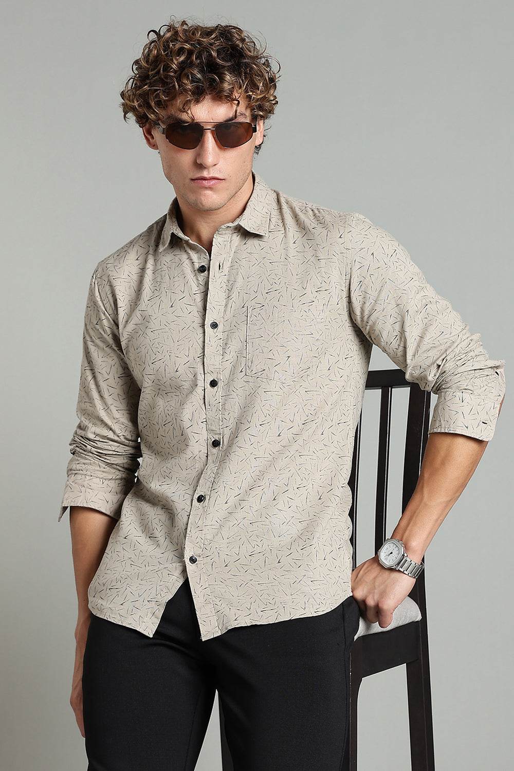 Enhance Men’s Printed Casual Shirt – Full Sleeves with Patch Pocket and Button Cuffs - Beige - SA05 - Naidu Hall Family Store