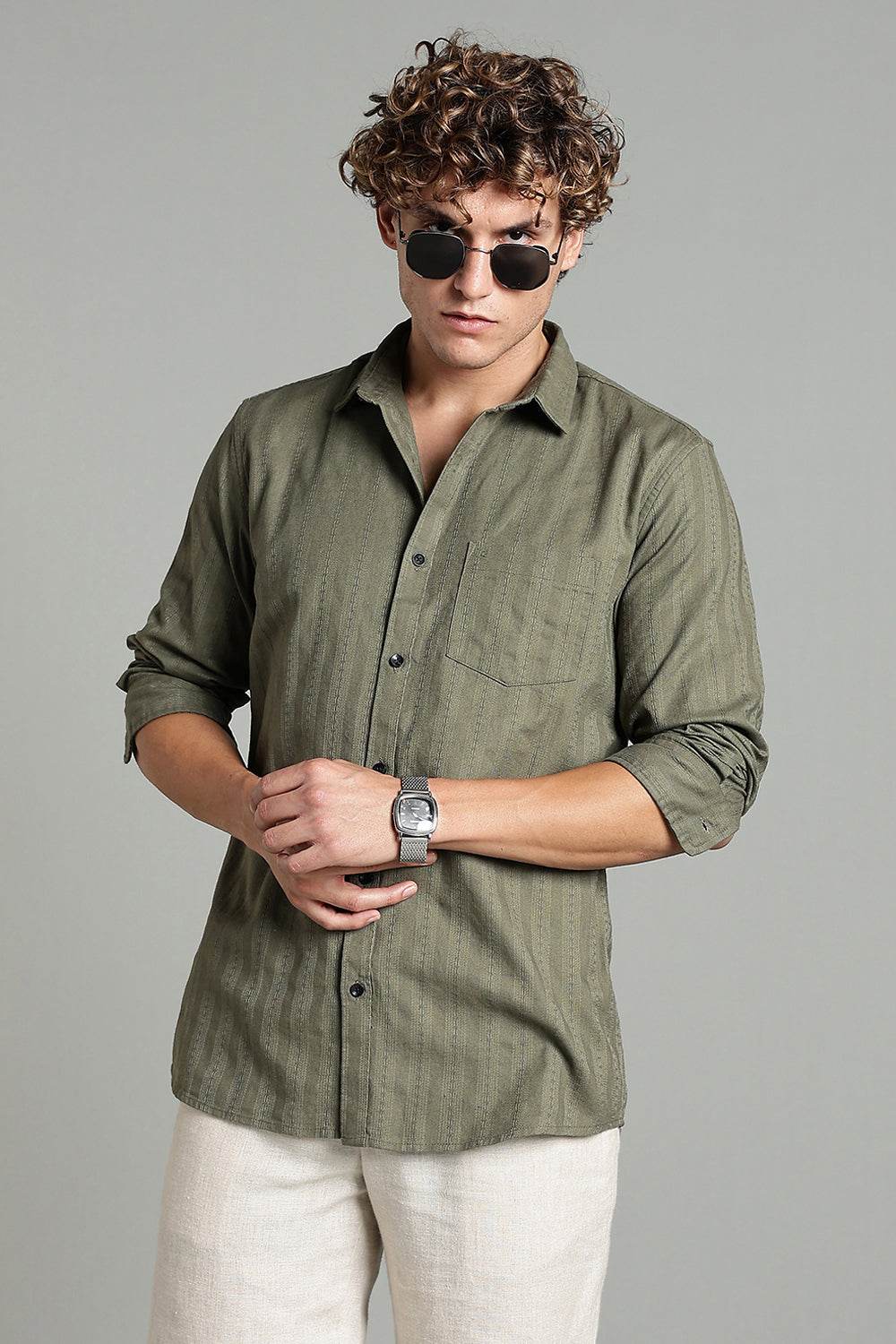 Enhance Men’s Printed Casual Shirt – Full Sleeves with Patch Pocket and Button Cuffs - Green - SA08 - Naidu Hall Family Store