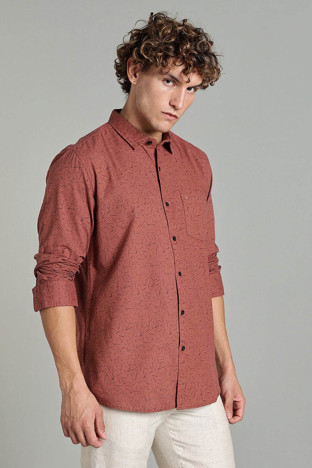 Enhance Men’s Printed Casual Shirt – Full Sleeves with Patch Pocket and Button Cuffs - Rust - SA06 - Naidu Hall Family Store