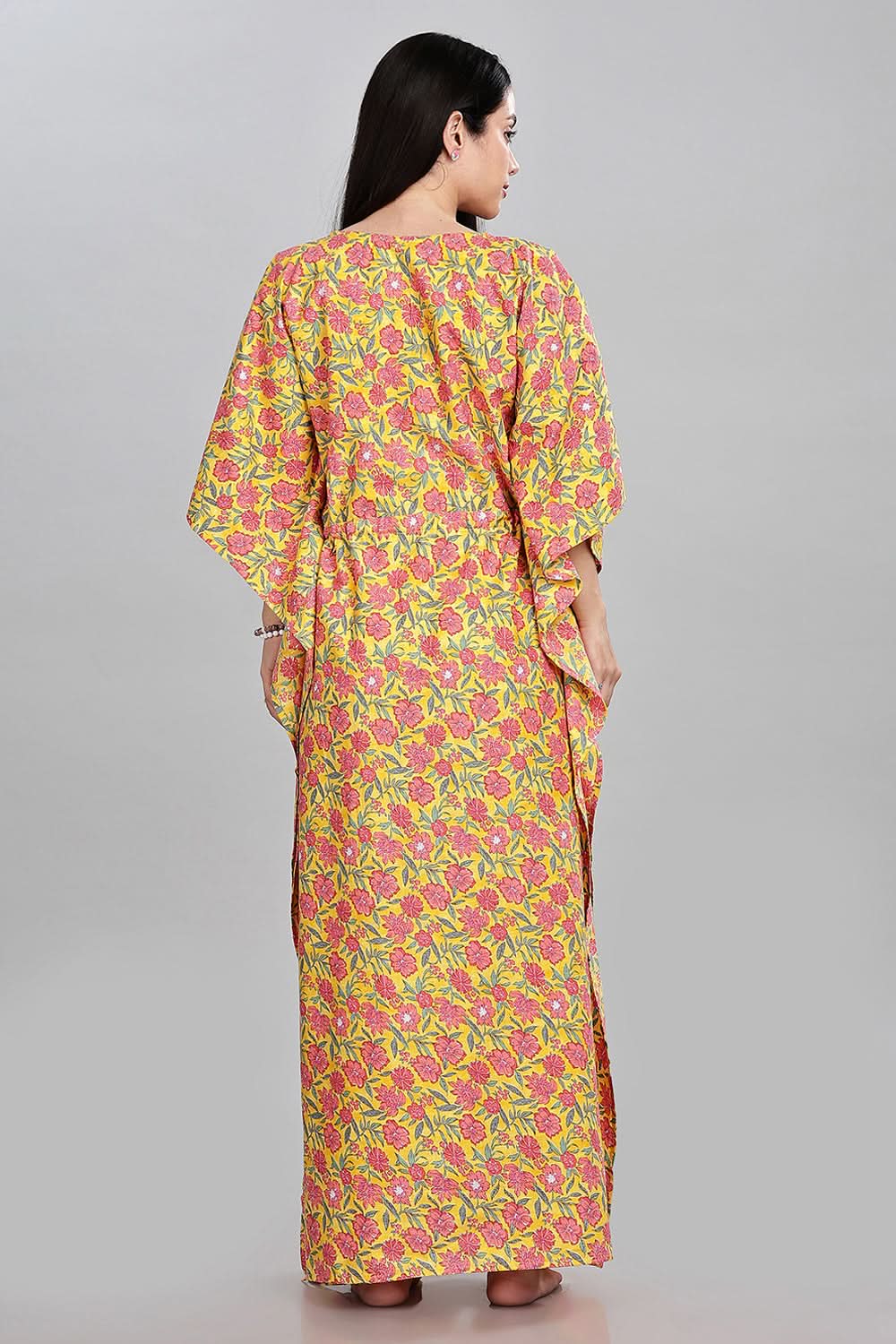 Naidu Hall Round Neck Kaftan Style Printed Nighty - Yellow - NT65