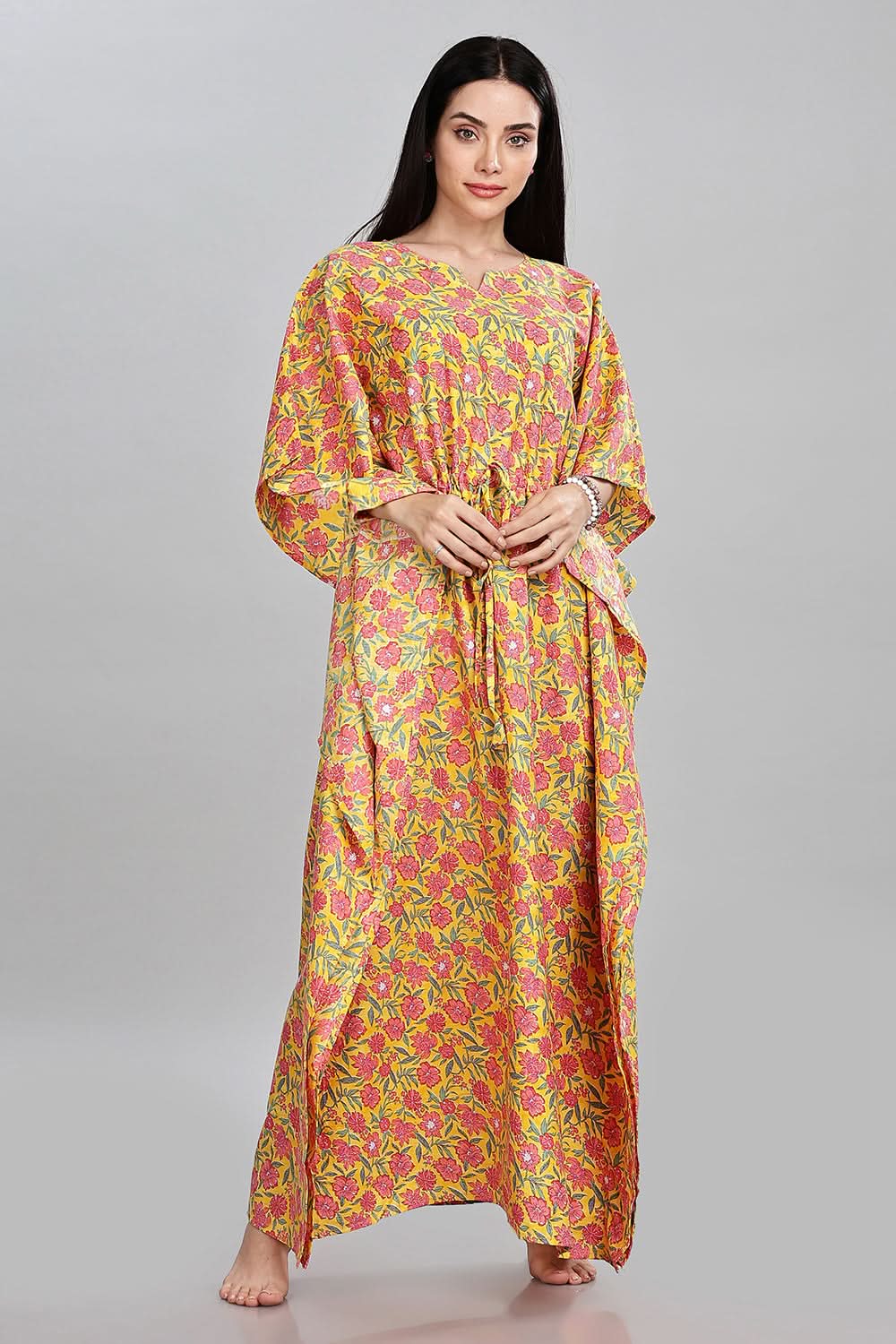 Naidu Hall Round Neck Kaftan Style Printed Nighty - Yellow - NT65