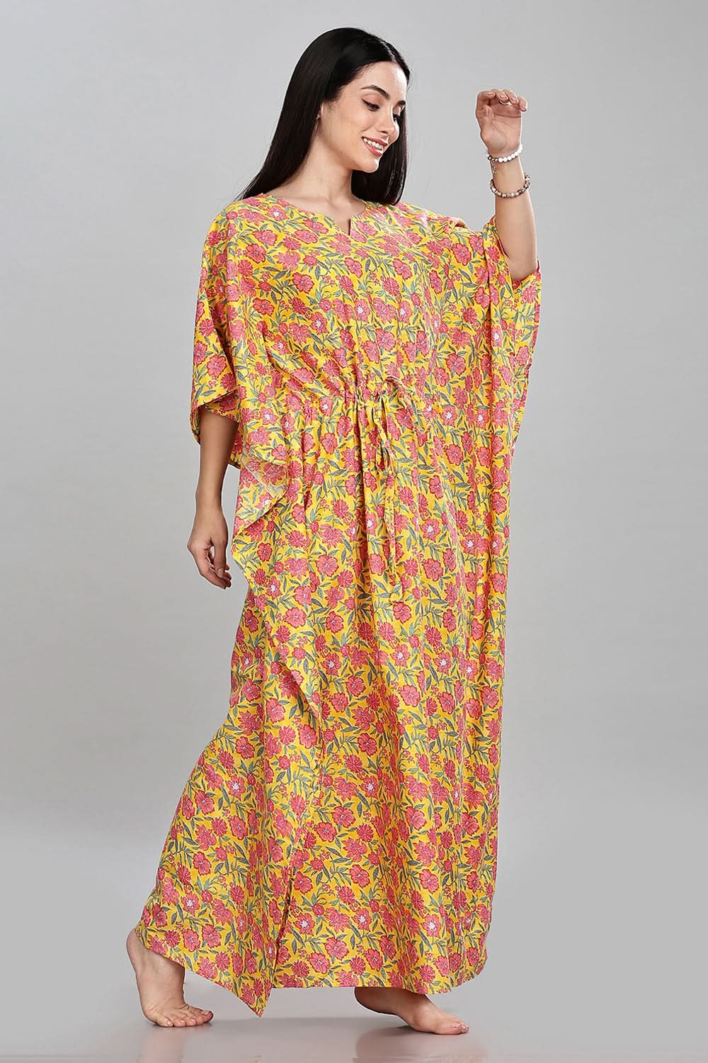 Naidu Hall Round Neck Kaftan Style Printed Nighty - Yellow - NT65