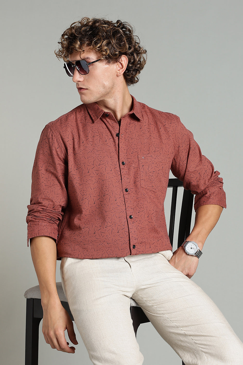 Enhance Men’s Printed Casual Shirt – Full Sleeves with Patch Pocket and Button Cuffs - Rust - SA06