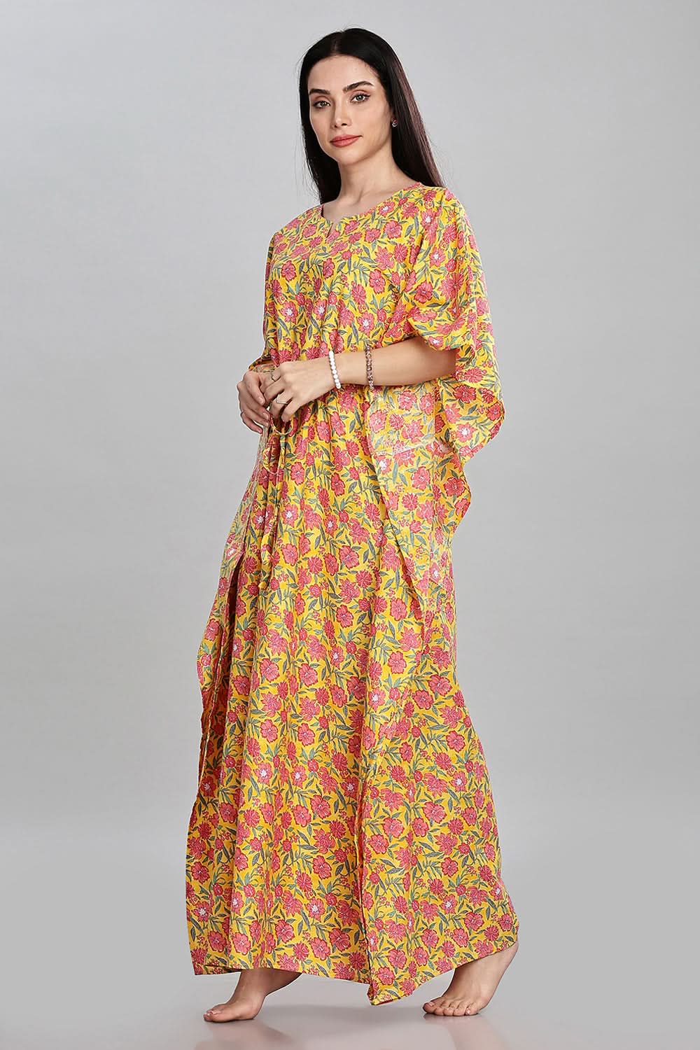 Naidu Hall Round Neck Kaftan Style Printed Nighty - Yellow - NT65