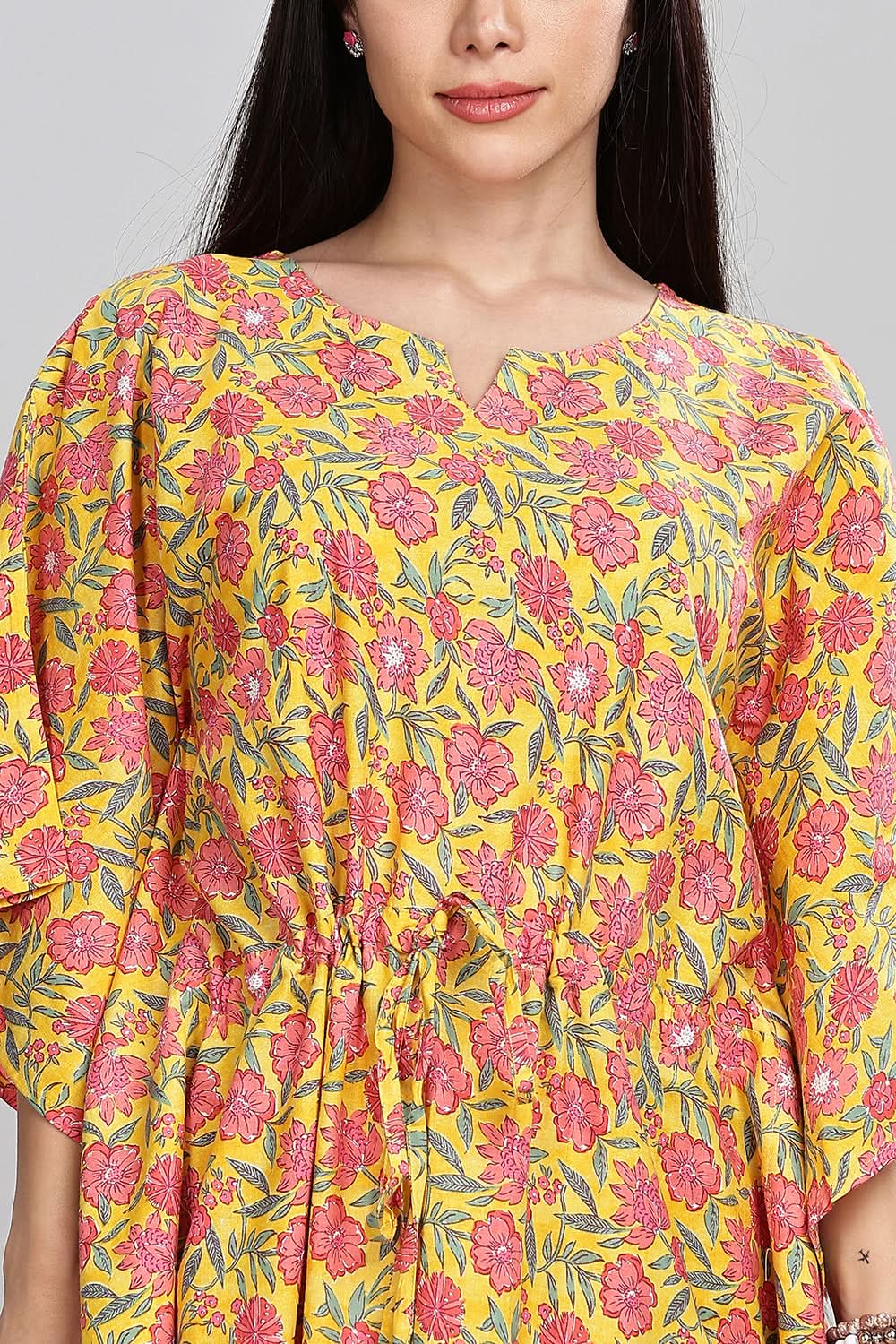 Naidu Hall Round Neck Kaftan Style Printed Nighty - Yellow - NT65
