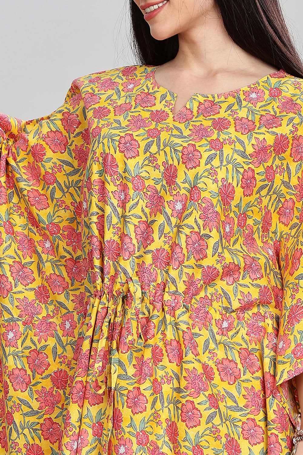 Naidu Hall Round Neck Kaftan Style Printed Nighty - Yellow - NT65