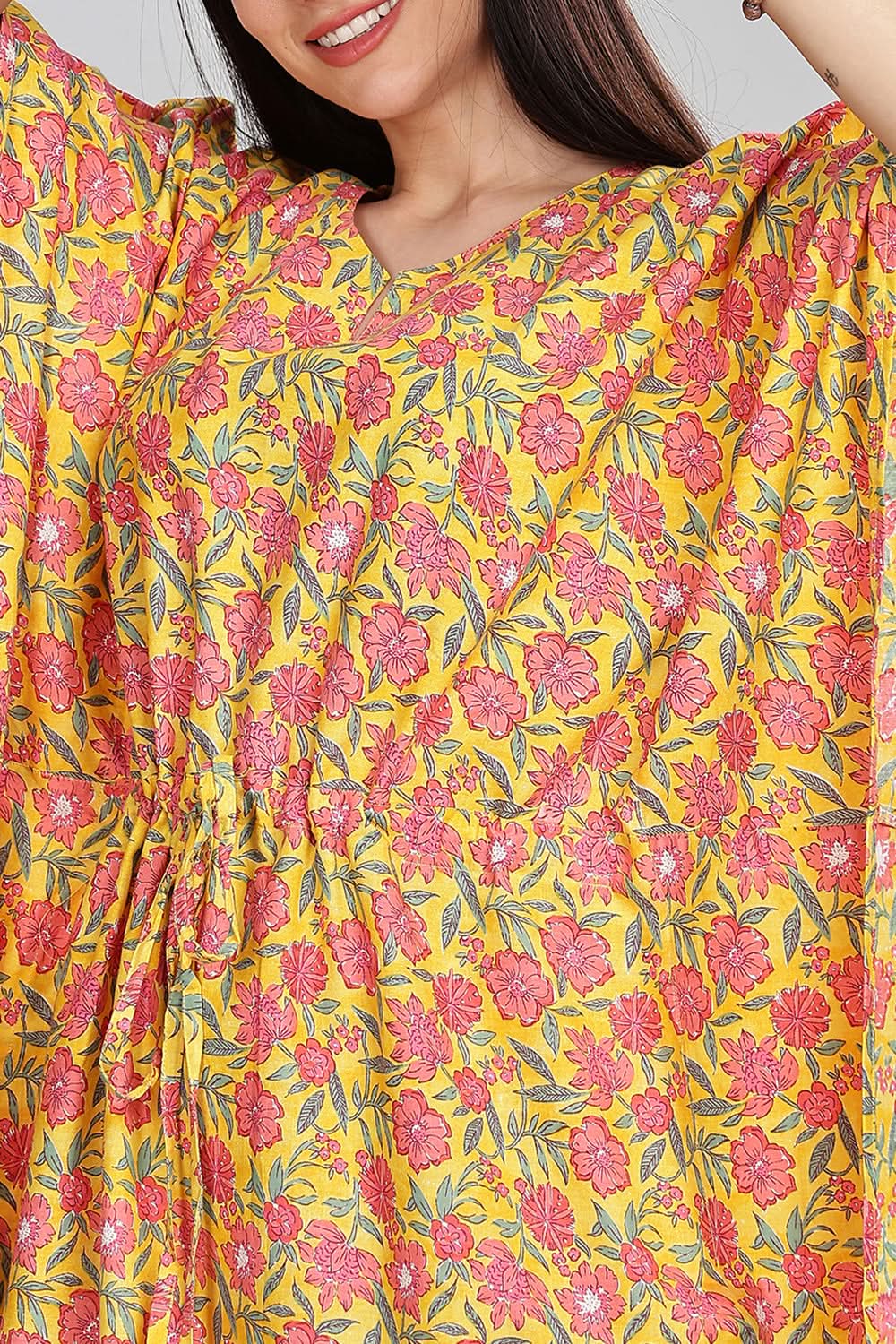 Naidu Hall Round Neck Kaftan Style Printed Nighty - Yellow - NT65