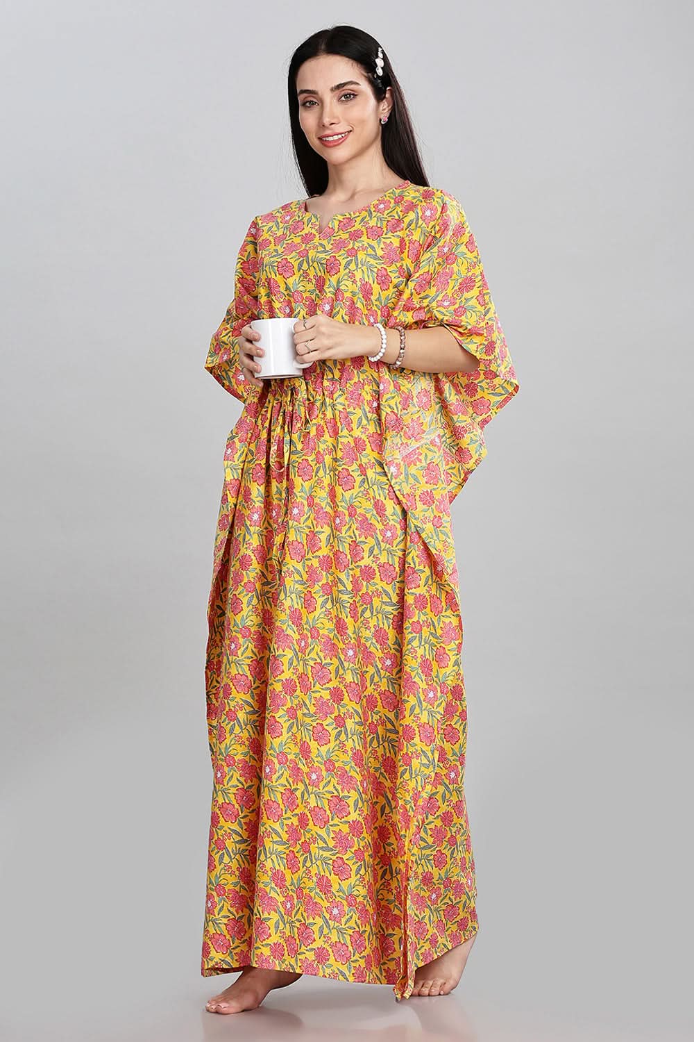 Naidu Hall Round Neck Kaftan Style Printed Nighty - Yellow - NT65