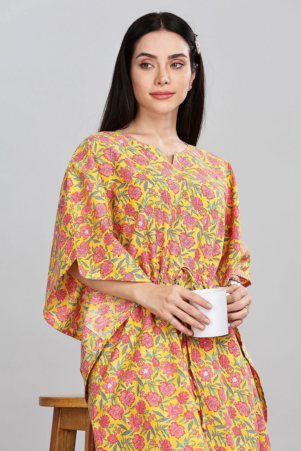 Naidu Hall Round Neck Kaftan Style Printed Nighty - Yellow - NT65