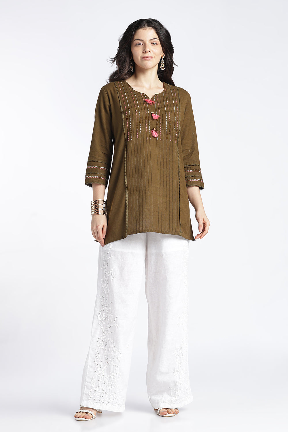 Mythri Women's Cotton Flax Top | Mandarin V-Neck Kantha Stitch Top with Tassel Details | Regular Fit Casual & Office Wear - 1458