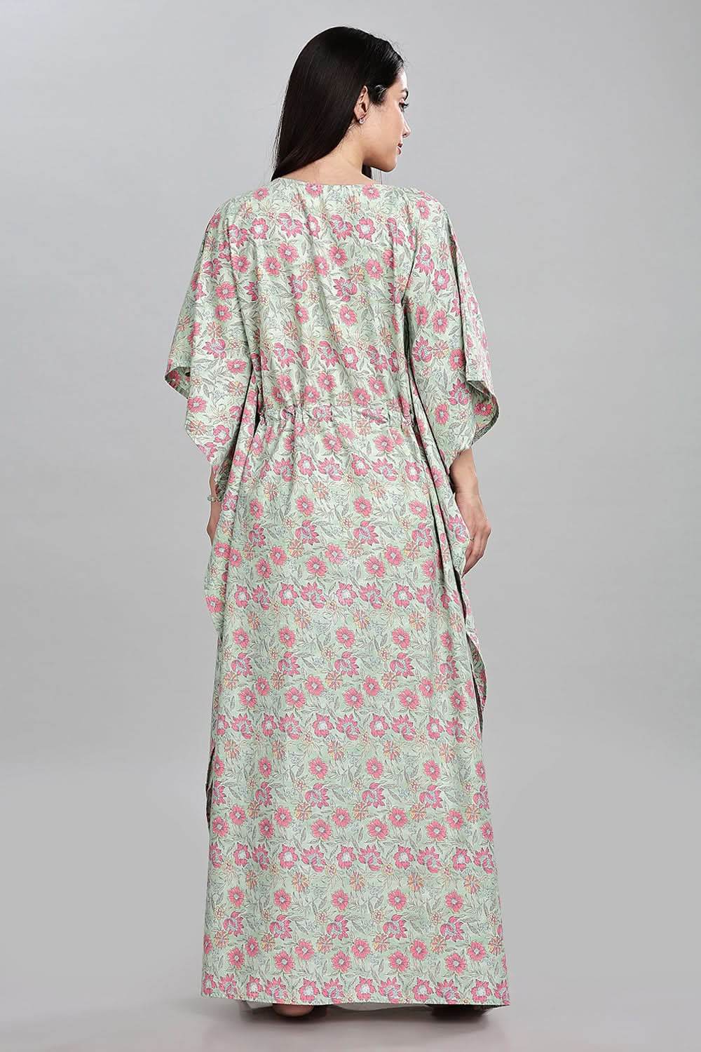 Naidu Hall Round Neck Kaftan Style Printed Nighty - Light Green - NT68 - Naidu Hall Family Store