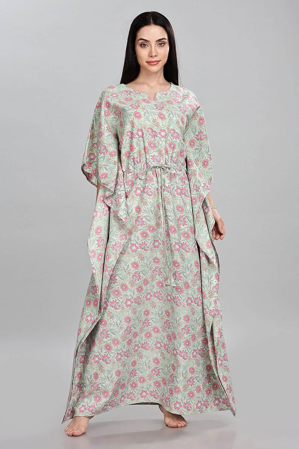Naidu Hall Round Neck Kaftan Style Printed Nighty - Light Green - NT68 - Naidu Hall Family Store