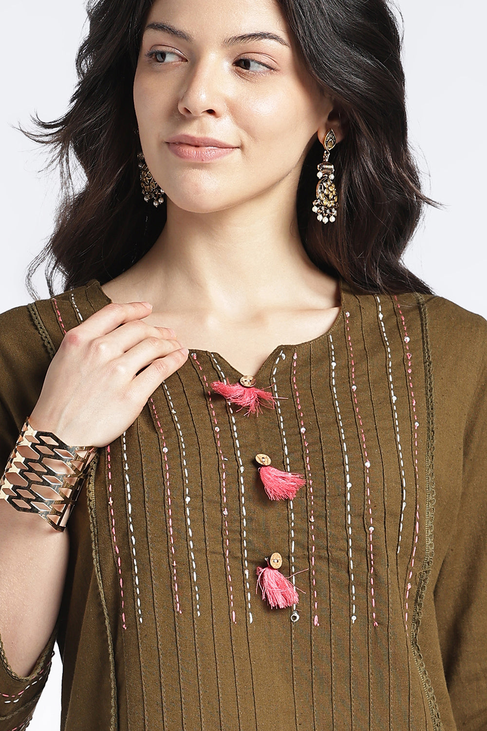 Mythri Women's Cotton Flax Top | Mandarin V-Neck Kantha Stitch Top with Tassel Details | Regular Fit Casual & Office Wear - 1458