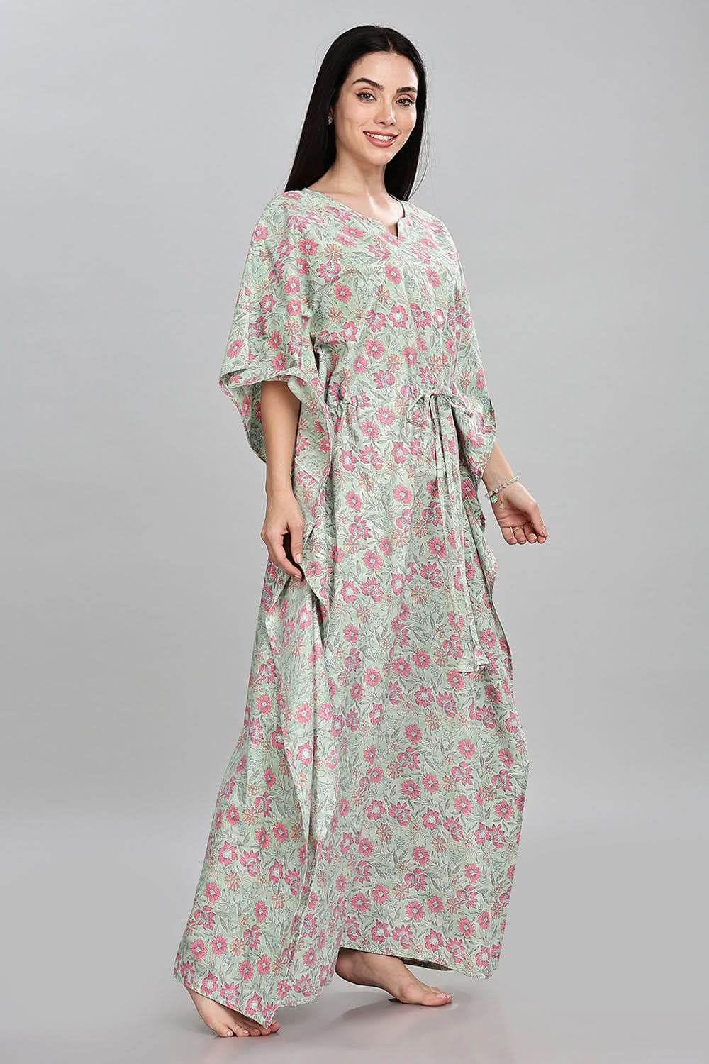 Naidu Hall Round Neck Kaftan Style Printed Nighty - Light Green - NT68 - Naidu Hall Family Store