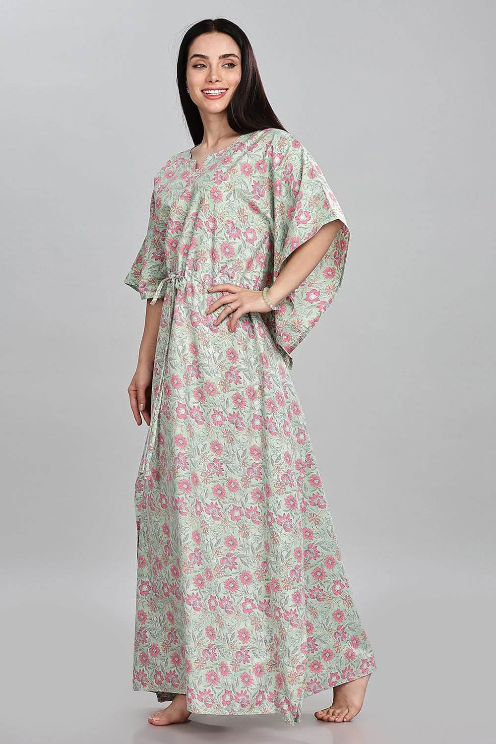 Naidu Hall Round Neck Kaftan Style Printed Nighty - Light Green - NT68 - Naidu Hall Family Store