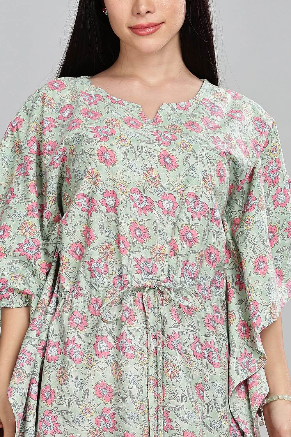 Naidu Hall Round Neck Kaftan Style Printed Nighty - Light Green - NT68 - Naidu Hall Family Store