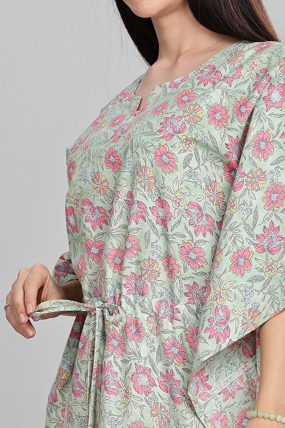 Naidu Hall Round Neck Kaftan Style Printed Nighty - Light Green - NT68 - Naidu Hall Family Store