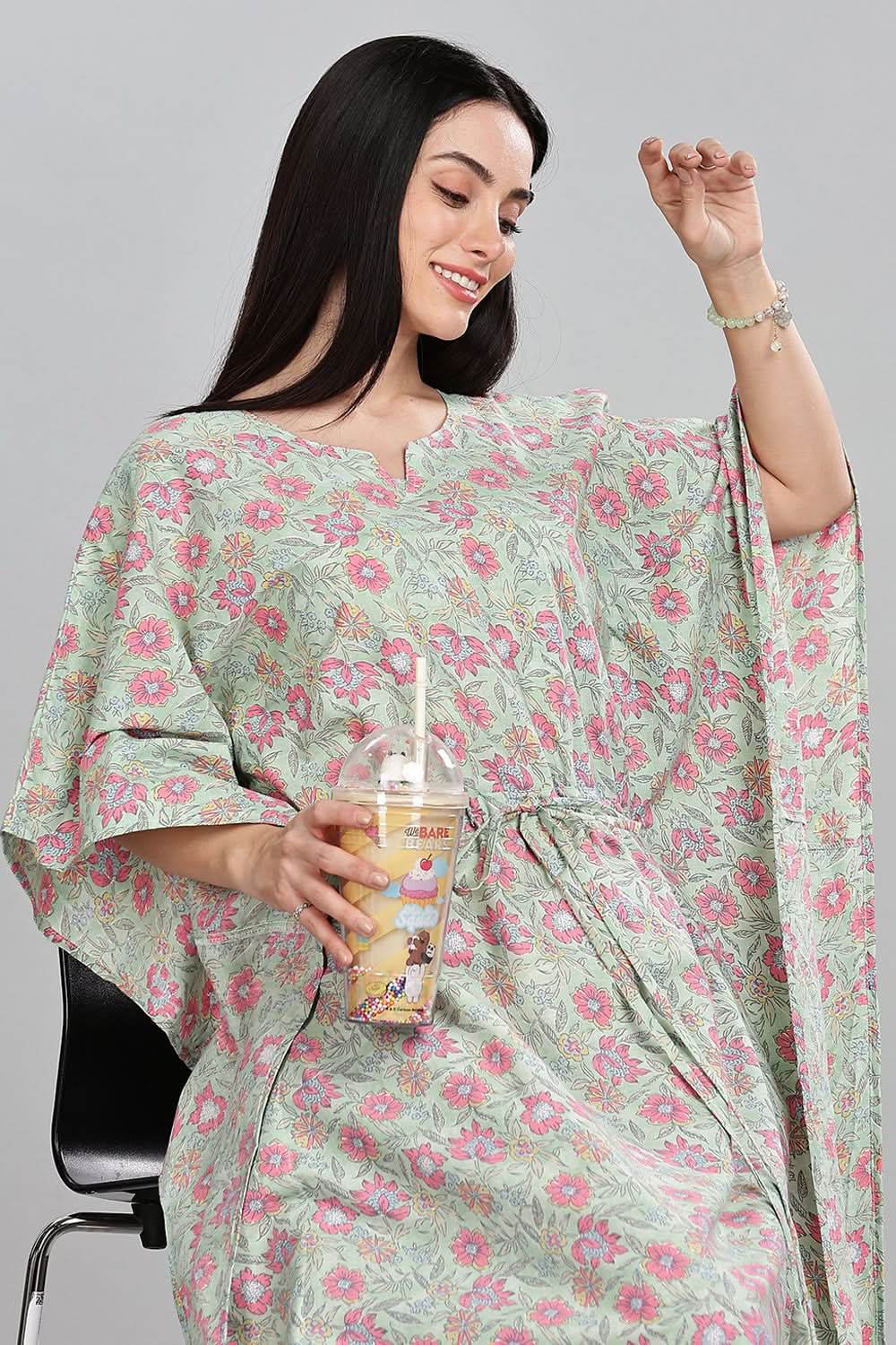 Naidu Hall Round Neck Kaftan Style Printed Nighty - Light Green - NT68 - Naidu Hall Family Store