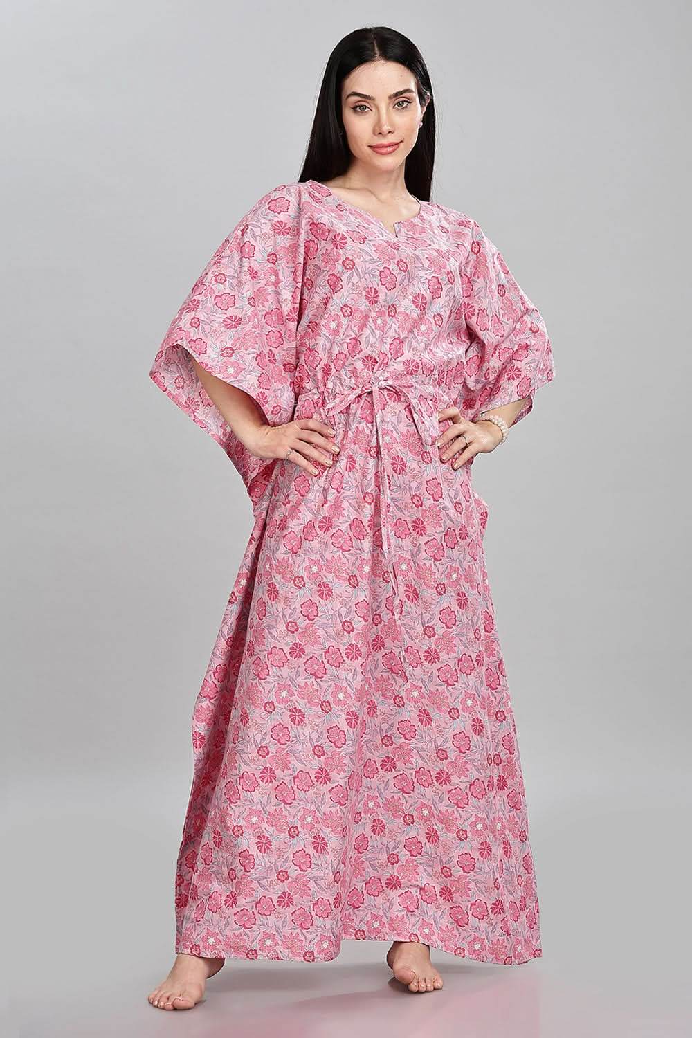 Naidu Hall Round Neck Kaftan Style Printed Nighty - Light Purple - NT67 - Naidu Hall Family Store