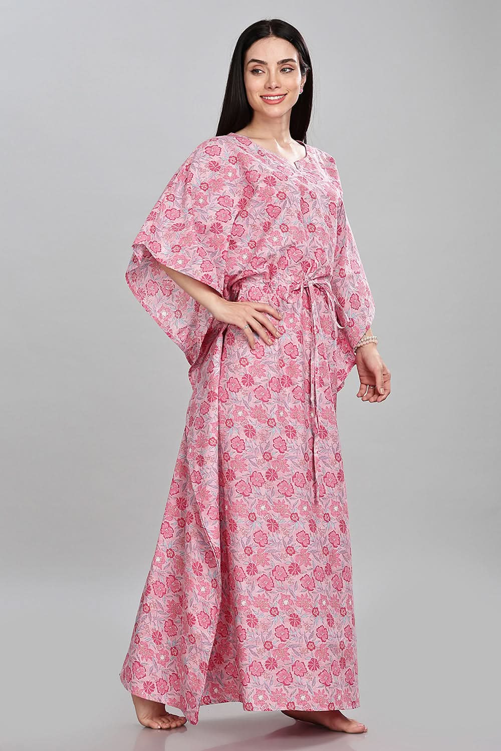 Naidu Hall Round Neck Kaftan Style Printed Nighty - Light Purple - NT67