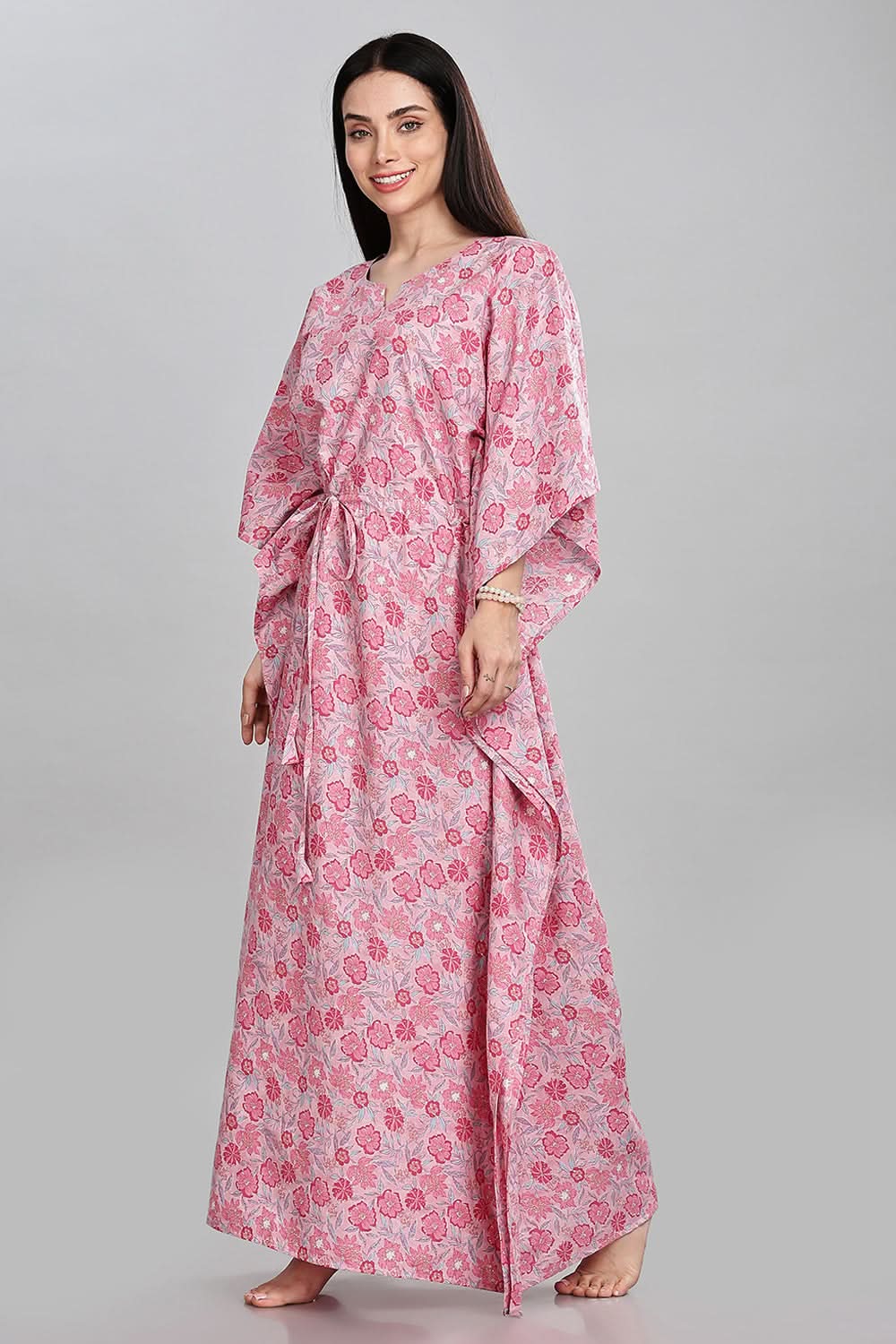Naidu Hall Round Neck Kaftan Style Printed Nighty - Light Purple - NT67