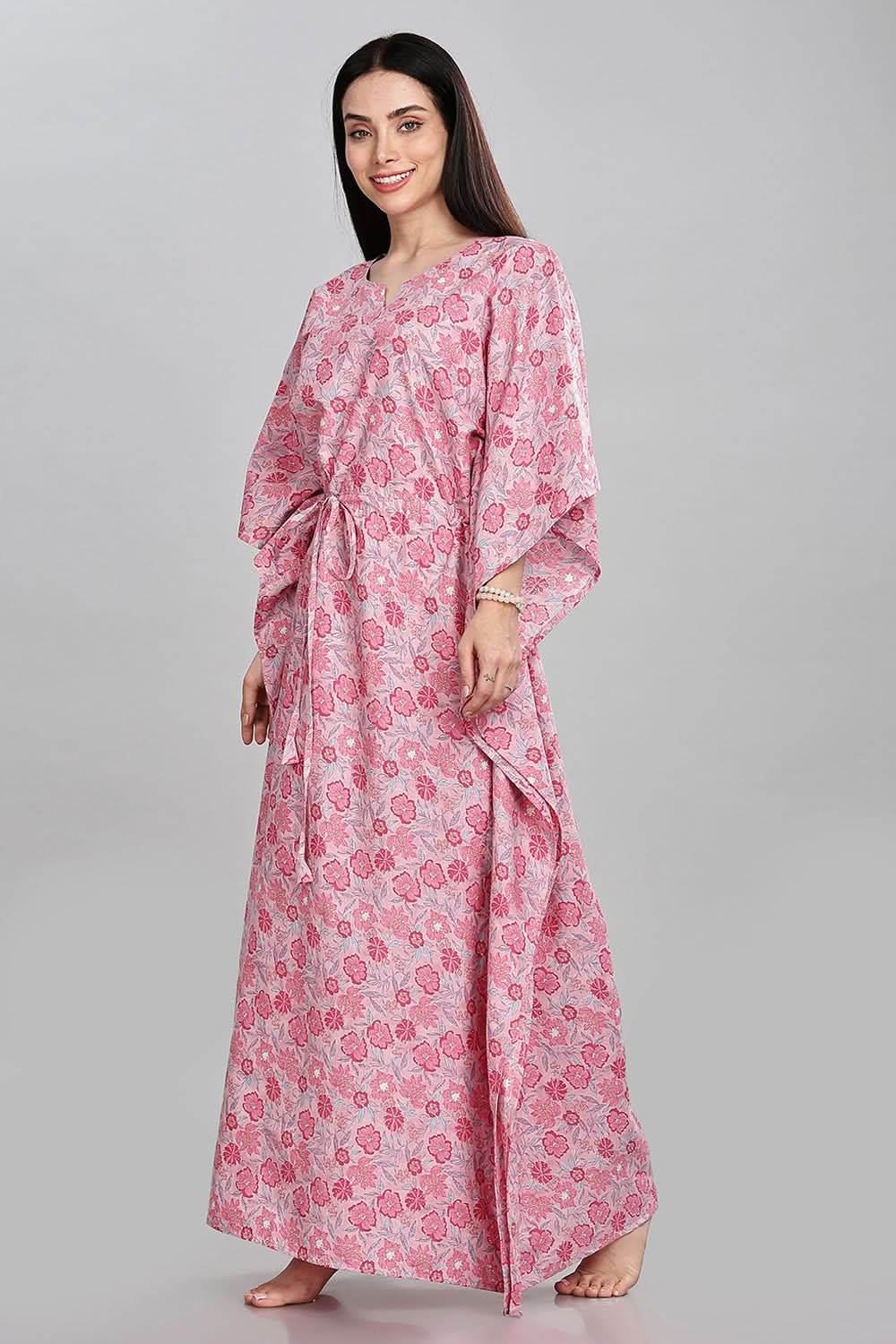 Naidu Hall Round Neck Kaftan Style Printed Nighty - Light Purple - NT67 - Naidu Hall Family Store