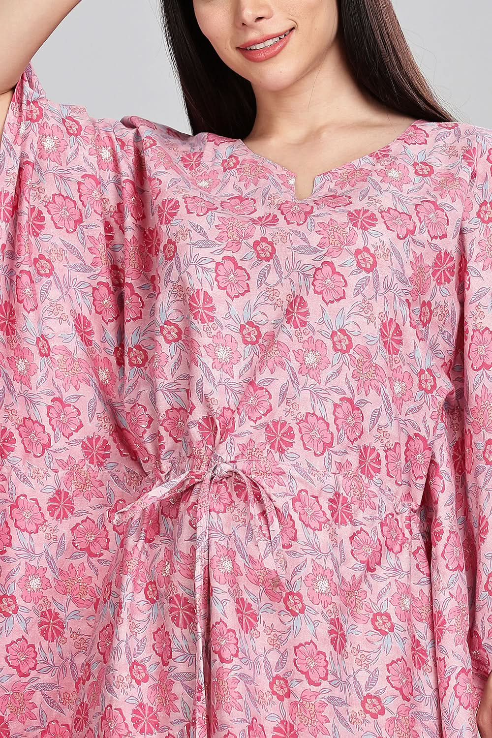 Naidu Hall Round Neck Kaftan Style Printed Nighty - Light Purple - NT67