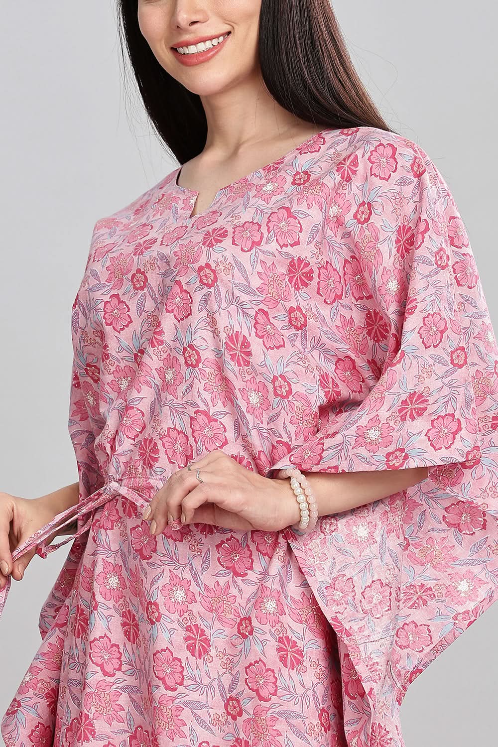 Naidu Hall Round Neck Kaftan Style Printed Nighty - Light Purple - NT67