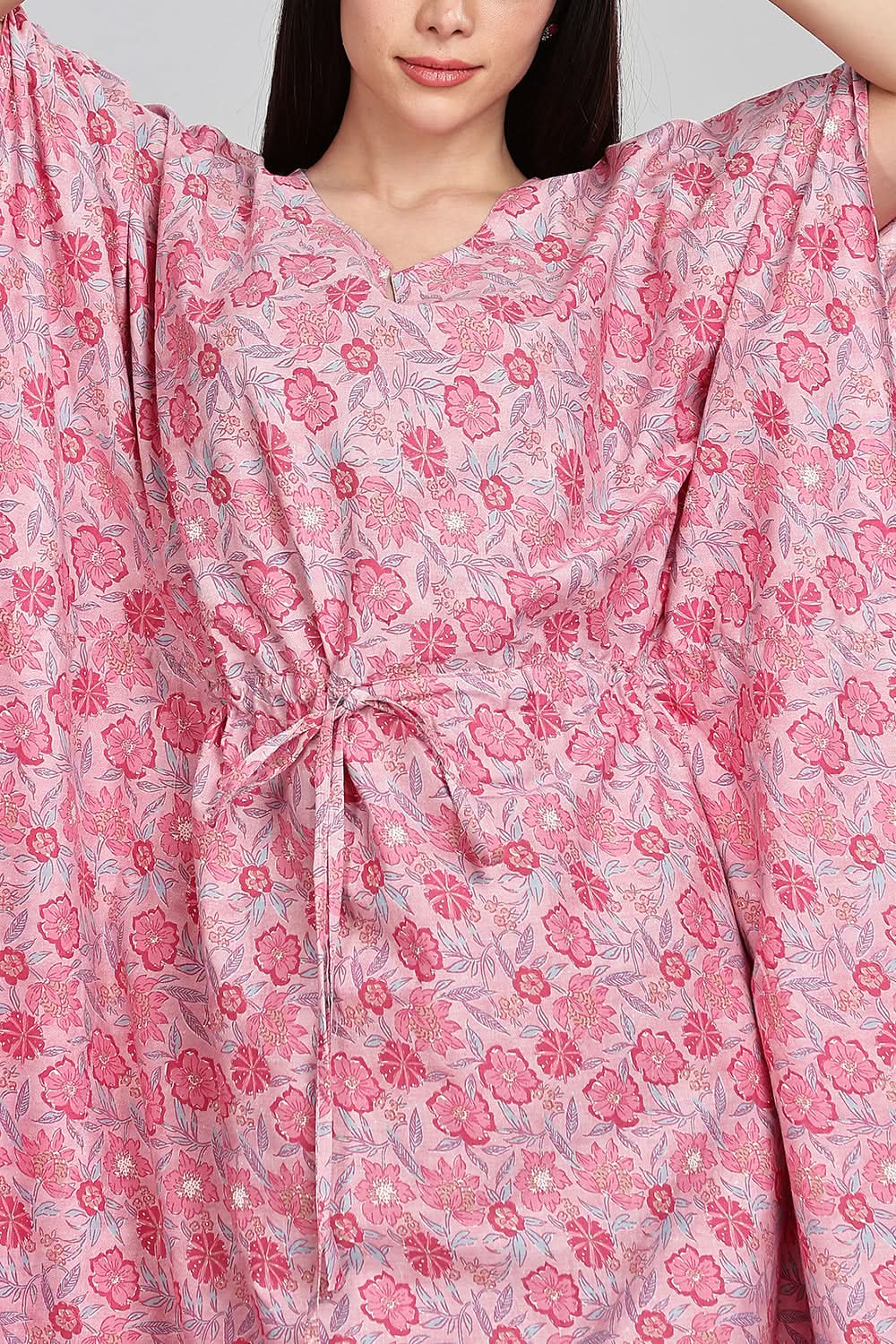 Naidu Hall Round Neck Kaftan Style Printed Nighty - Light Purple - NT67