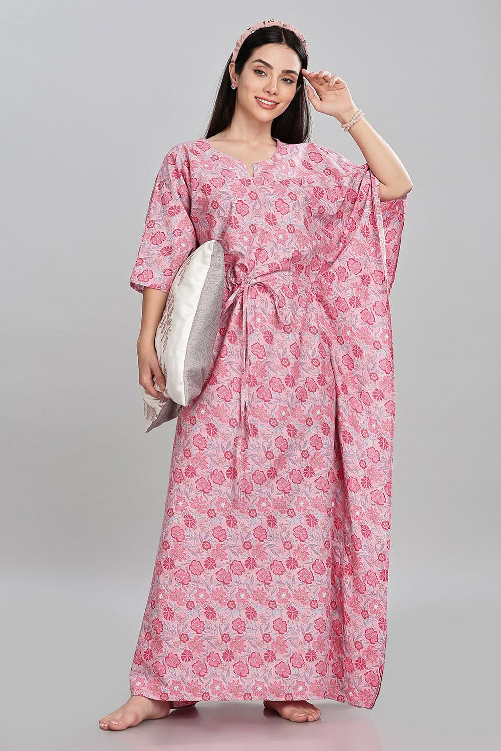 Naidu Hall Round Neck Kaftan Style Printed Nighty - Light Purple - NT67