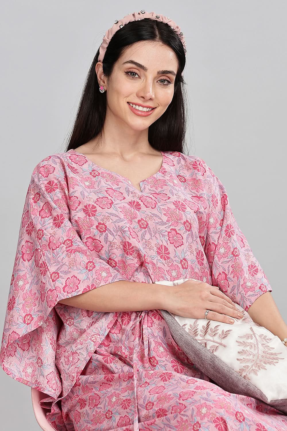 Naidu Hall Round Neck Kaftan Style Printed Nighty - Light Purple - NT67